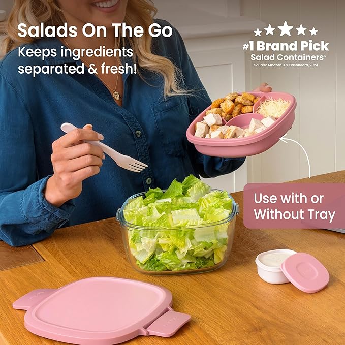 Bentgo Glass Salad Container - 7.6-Cup Salad Bowl with Airtight Lid, Leak-Proof Sauce Container, 4-Compartment Bento Tray & Reusable Fork - BPA-Free for Meal Prep, Office & More (Rose)
