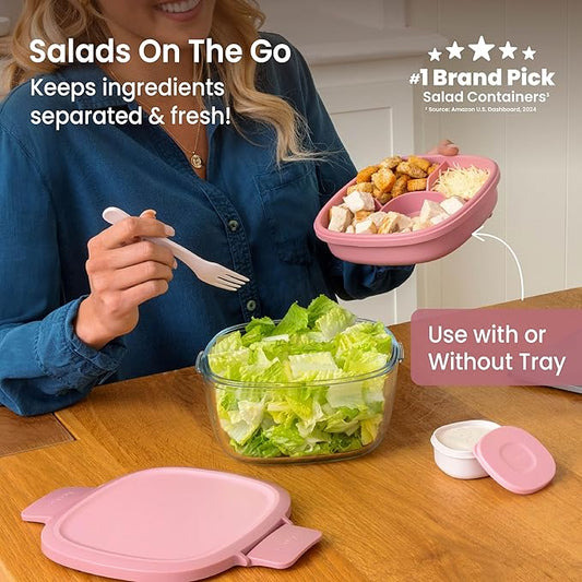 Bentgo Glass Salad Container - 7.6-Cup Salad Bowl with Airtight Lid, Leak-Proof Sauce Container, 4-Compartment Bento Tray & Reusable Fork - BPA-Free for Meal Prep, Office & More (Rose)