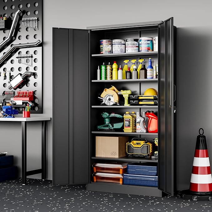 Metal Garage Storage Cabinet, 71-inch Tool Cabinet with 5 Adjustable Shelves & Locking Doors, Tool Cabinets for Garage,Office,Home,School,Gym Storage (Black)