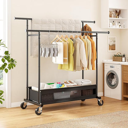 Clothes Rack, Double rods clothing rack, Clothing Racks for hanging clothes, Rolling clothes rack with Storage Basket & Heavy Duty Wheels, garment rack for Bedroom, Laundry Room, Black