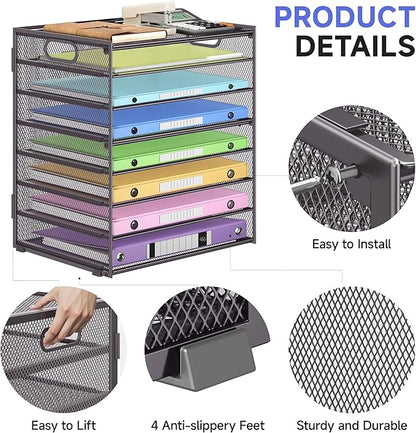 8 Tier Paper Organizer with Handle, Metal Mesh Desk File Organizer, Large Capacity Desk Organizers Paper Letter Tray Desktop Document Sorter for Office, Home or School-Grey