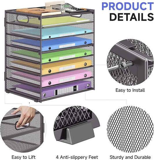 8 Tier Paper Organizer with Handle, Metal Mesh Desk File Organizer, Large Capacity Desk Organizers Paper Letter Tray Desktop Document Sorter for Office, Home or School-Grey