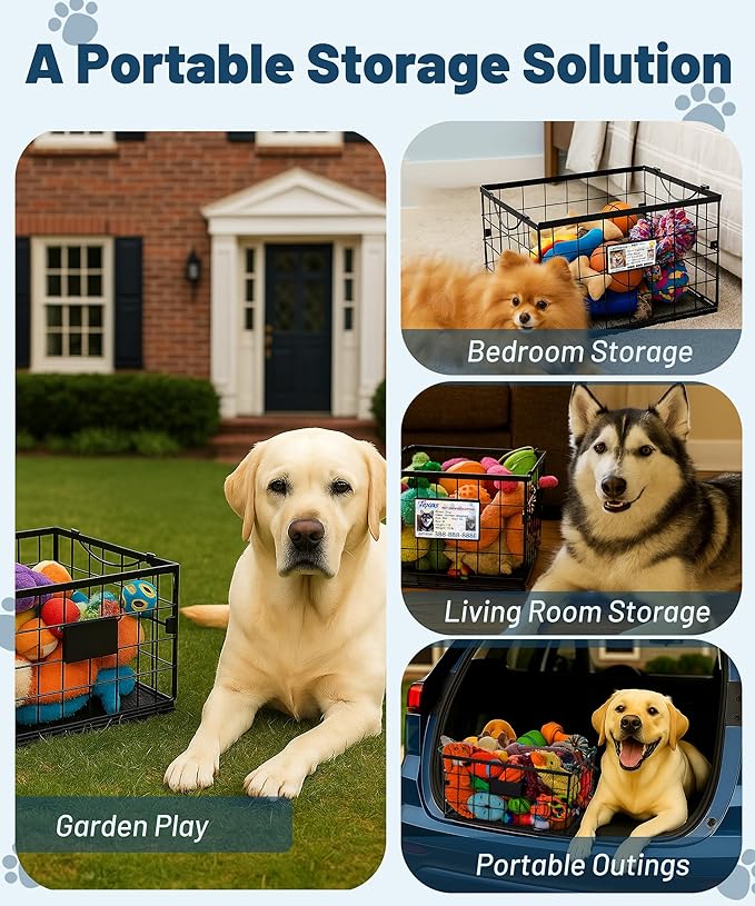 Dog Toy Basket, Dog Toy Storage Bin for Pet,Medium Toy Box for Dogs,Metal Storage Box with Handles,Toy Storage Organizer,Dog Toy Organizer Holder Boxes for Living Room（Black）