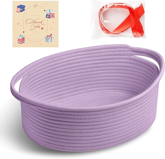 Small Woven Purple Gifts Basket for Storage Empty with Ribbons and Bags Durable Cute Gifts 12"X 8" X 5" Small Rope Basket for Gifting