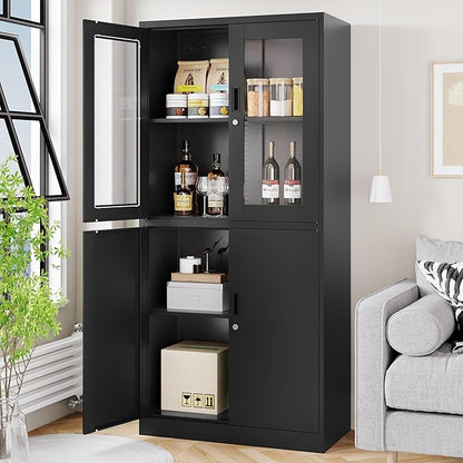 Metal Storage Cabinet with Glass Doors, Lockable Office Storage Cabinet, 71" Tall Display Case with Adjustable Shelves for Home Office,School and Hospital (Black)