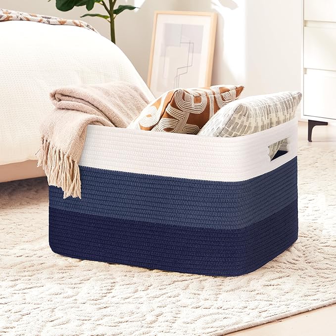 72L Large Laundry Basket with Leather Handles for Living Room Storage, Woven Rope Baskets Bin for Blanket, Kids Toy, Gifts, Wicker Hamper for Bedroom Dirty Clothes, 22"x17"x12" Gradient Blue