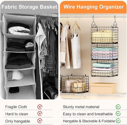 Sonyabecca 5-Tier Hanging Closet Organizer – Black Closet Storage Shelves with Wire Baskets for Clothes, Handbags, Sweaters & Accessories, Includes 2 Hanging Hooks & 5 S-Hooks