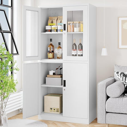 Metal Storage Cabinet with Glass Doors, Lockable Office Cabinet, Tall Steel Locker with Adjustable Shelves for Home Office,School, Kitchen and Hospital (White)