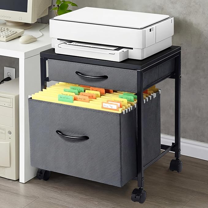 Rolling Mobile File Cabinet Cart with 2 Fabric Drawers A4 Letter Size Beside, Vertical Filing Cabinet on Lockable Wheels, Mobile Printer Stand Storage Under Desk for Home Office(Gray)