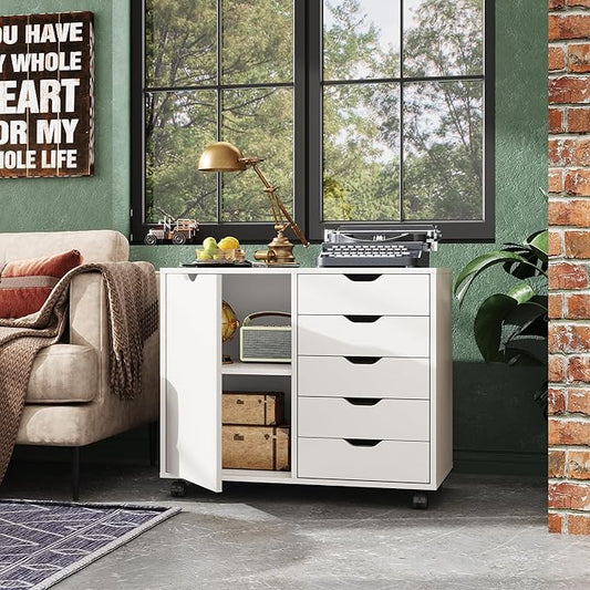 DEVAISE 5-Drawer Wood Drawer Cabinet, Office Storage Cabinet with Adjustable Shelf & Wheels, Printer Stand for Home Office, White