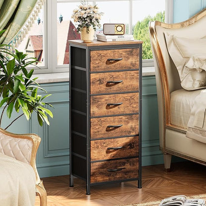 Huuger 43.3 Inch Tall Dresse for Bedroom, 6 Drawer Dresser & Chests of Drawers, Fabric Dresser for Closet, Bedroom, Night Stand, End Table with Metal Frame, Storage Tower, Rustic Brown