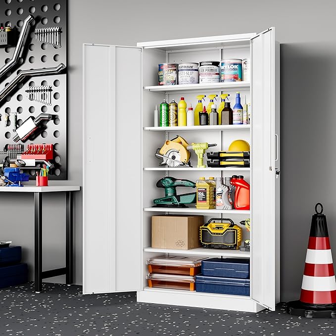 Metal Garage Storage Cabinet, 71-inch Tool Storage Cabinet with Adjustable Shelves & Locking Doors for Garage,Office,Home,School,Gym Storage (White)
