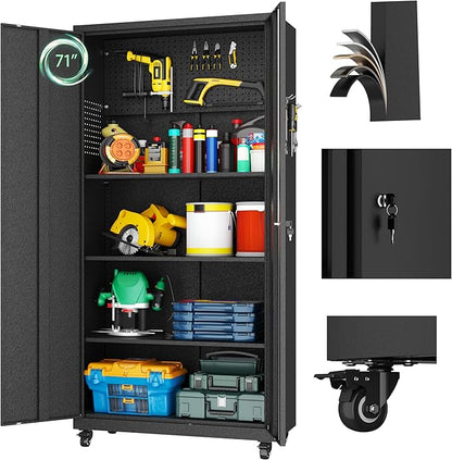 Metal Garage Storage Cabinet with Wheels,71" Tool Storage Cabinet with Adjustable Shelves,Lockable Storage Cabinets with Pegboards for Warehouse,Workshop,Garage,Basement,Utility Room(Black