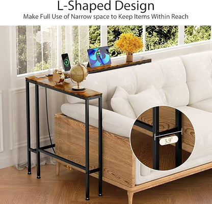 78" Narrow Console Sofa Table with Power Outlets & 2 USB Ports, L Shaped Behind Couch Table Skinny, 3 Assembly Options Entryway Tables with Charging Station for Living Room, Hallway, Brown, 78IN