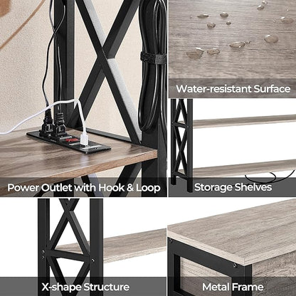 Yaheetech Console Table with Power Outlets and USB Ports, Wooden Entryway Table with Drawer and Open Shelves, Narrow Sofa Tables with Metal Frame for Living Room, Couch, Hallway, Grey