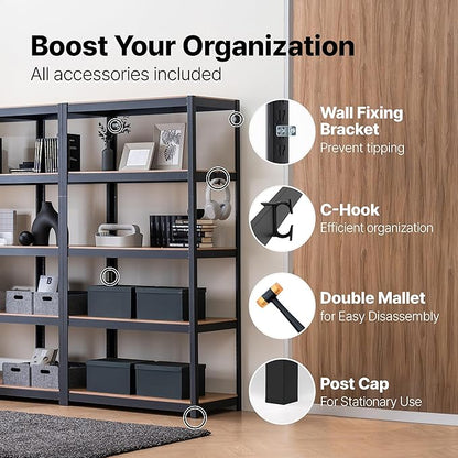 HOMEDANT House 5 Tier Heavy Duty Garage Shelving Adjustable Metal Rack Storage Shelves Standing Shelf Unit Organizers Pantry Closet Office (2, Black, (Wheels) 48.1" W x 18.5" D)