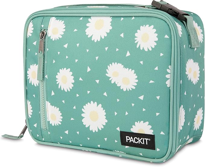 PackIt Freezable Classic Lunch Box, Daisy Sage, Built with EcoFreeze® Technology, Collapsible, Reusable, Zip Closure With Zip Front Pocket and Buckle Handle, Designed for Fresh Lunch On the Go