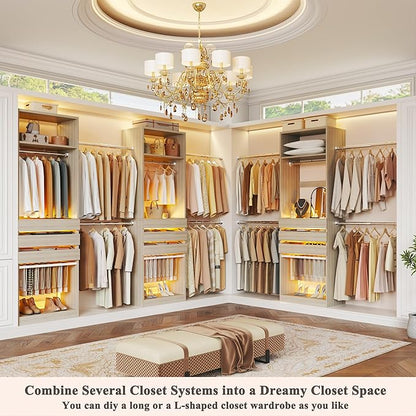 Closet System Set of 2, 5.7-10.4FT Closet Organizer System with 6 Wood Drawers & LED Glasstop, Wood Walk-in Closet with 10 Hanging Rods & 2 Trouser Rack, Built-in Garment Rack with Shelves, White Oak
