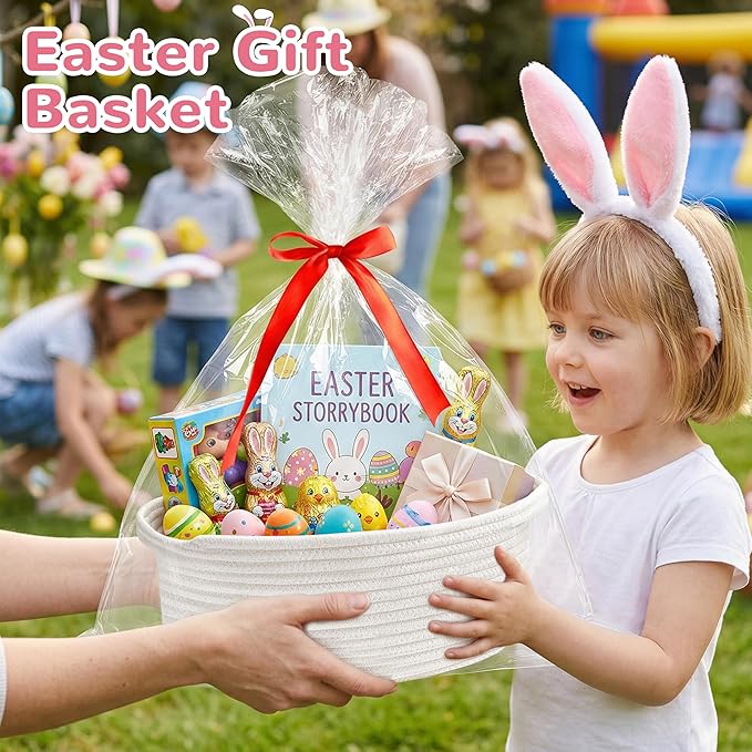 Small Woven Basket Gift For Empty,Easter basket With Ribbons and Bags, Durable Cute Gifts 12"X 8" X 5"Small Rope Basket for Gifting,White