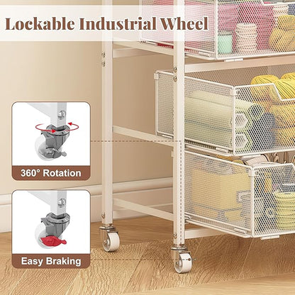 4-Drawer Rolling Storage Cart, Utility Cart with Drawers, White Metal Craft Cart Organizer with Wheels & Wooden Top, Art Supply Storage Organizer for Classroom, Office, Kitchen,Patent Pending
