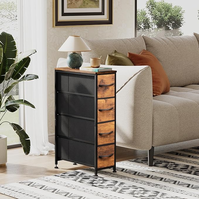 Narrow Dresser Storage Tower with 4 Drawers, Slim Dresser Chest of Drawers with Steel Frame, Wood Top, Dresser for Bedroom, Bathroom, Small Spaces, Laundry, Closet (Rustic Brown)