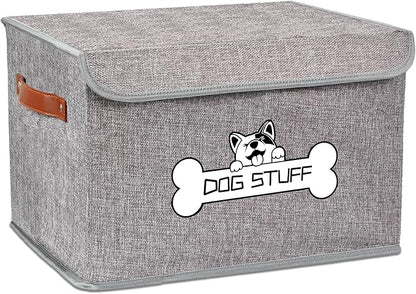 Fabric Dog Toy Box with Lid, Collapsible Storage Bin, Basket Organizer with Handle for Dog Toys, Blankets and Accessories, Grey