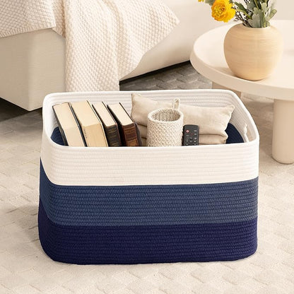60L Laundry Basket with Leather Handles for Living Room Storage, Woven Rope Baskets Bin for Blanket, Kids Toy, Gifts, Wicker Hamper for Bedroom Dirty Clothes,Gradient Blue