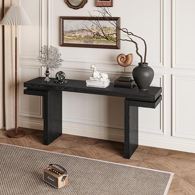 66" Extra Wide Real Wood Veneered Console Table,Minimalist Sofa Behind Couch Table for Entryway,Hallway,Living Room,Home Office,Black