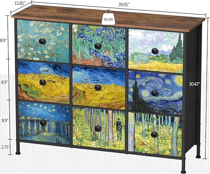 EXOTICA Van Gogh 9 Drawers Dresser Wide TV Stand Colorful Dressers & Chest of Drawers Enterway Furniture for Bedroom Living Room Hallway Closets Steel Frame Wood Top