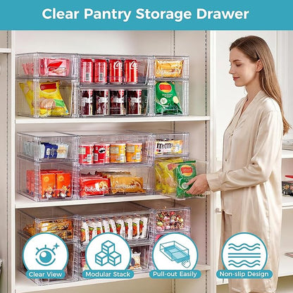 Vtopmart 6 Pack Clear Stackable Storage Drawers,Easy to Assemble Pantry Organizers and Storage with handles,Plastic Drawers for Kitchen Pantry,Cabinet,Under Sink Organization