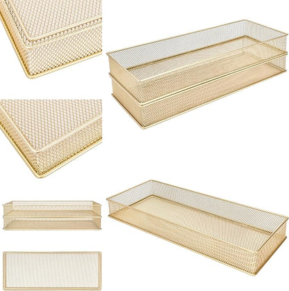 Annova Mesh Stackable Drawer Cabinet and Shelf Organizer Bins Storage Basket School Office Supply Holder Tray- Set of 2 (Gold, 6x15x2 Inch)