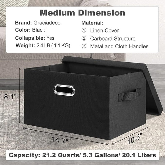 Medium 15" 21 Quart Collapsible Stackable Storage Bins with Lids, 1 Pack Black Foldable Fabric Closet Storage Boxes with Lids, 4 Handles Heavy-duty Linen Cube Baskets for Bedroom