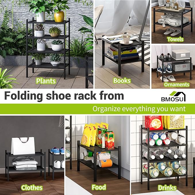 BMOSU 2-Tier Bamboo Small Shoe Rack Premium Stackable Shoe Shelf Storage Organizer for Hallway Closet Living Room Entryway Organizer(Black)