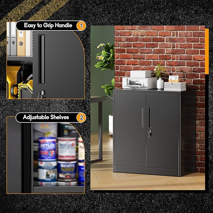 Greenvelly 36" H x 32" W x 16" D Black Metal Storage Cabinet with 2 Locking Doors and 2 Adjustable Shelves, Ideal for Home Office, Garage