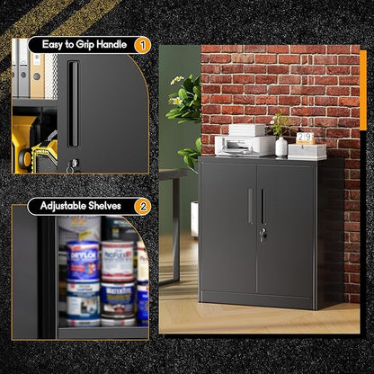 Greenvelly Metal Garage Storage Cabinet, Black 36" Locking File Cabinet with 2 Doors and Adjustable Shelves for Home Office,School