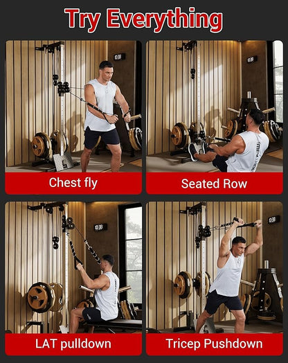 Wall Mount Cable Station – Dual Pulley Cable Crossover Machine with 18 Adjustable Positions, Tricep Rope, T-Bar, LAT Pulldown Bar & Foot Board for Home Gym Strength Training