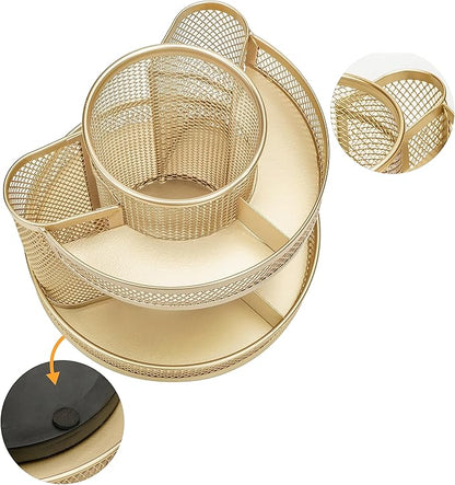 Annova Mesh Desk Organizer Rotate with 5 Compartments Round Spinning Tidy Candy/Pen Holder Desk Accessories Office, Art Supply, Storage, Classroom, Home (Gold)