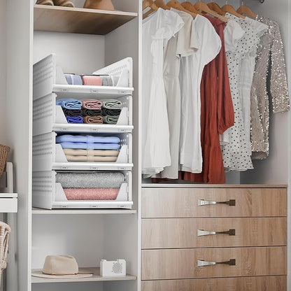 Sorbus 4 Pack Folding Closet Shelf Organizer for Clothes, Versatile Stackable Storage Baskets for Closet, Bathroom, Kitchen and Garage with Easy Access Open Front Design, Plastic Organizer Shelves