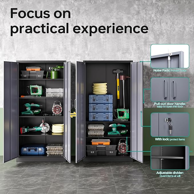 SISESOL Storage Cabinet with Doors and Shelves,71" Metal Storage Cabinet with Lock,5 Adjustable Shelf, Steel Lockers for Home Office,School,Shop,Garage Tool Utility Cabinets