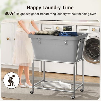ELYKEN Rolling Laundry Hamper with Wheels, 32-Gallon (122L) Laundry Cart with Removable Bag, 2-Tier Clothes Basket Hamper with Shelf for Closet, Bedroom, Bathroom, Laundry Room, Gray