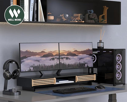 Dual Monitor Stand Riser with Sliding Door, Double Computer Laptop Stand Desk Shelf Organizer with Storage (Black + Natural Bamboo, 38 Inch)