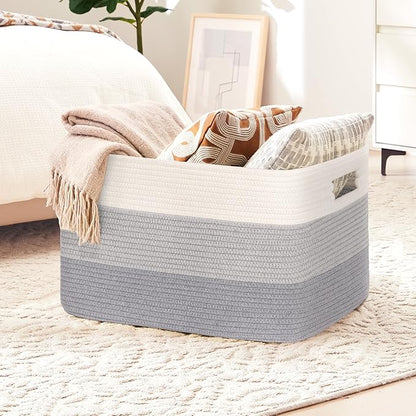 45L Small Laundry Basket with Leather Handles for Living Room Storage, Woven Rope Baskets Bin for Blanket, Kids Toy, Gifts, Wicker Hamper for Bedroom Dirty Clothes, 18"x14"x11" Gradient Grey