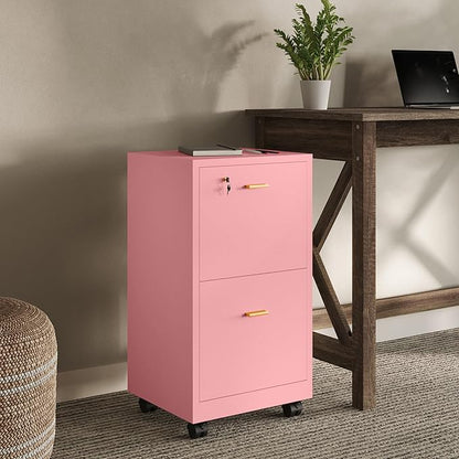 Lavish Home 2 Drawer File Cabinet - Filing Cabinet with Lock - Rolling File Cabinet for Under Desk Storage - Wood Filing Cabinet for Home or Office Organization (Pink)