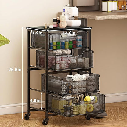 Rolling Cart with Drawers, 4-Drawer Storage Cart on Wheels with Wooden Top, Metal Utility Cart with Storage Drawers, Craft Storage Art Cart for Classroom, Office, Kitchen, Bedroom,Patent Pending