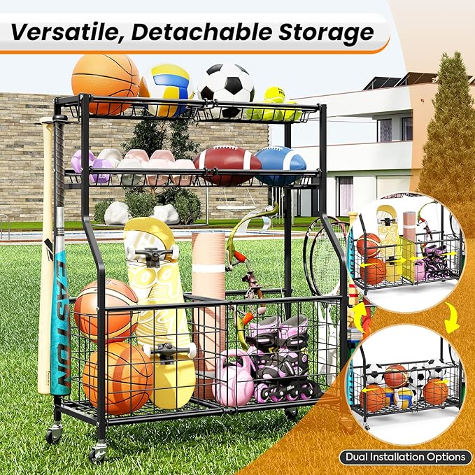 TOOLF Garage Sports Equipment Organizer with Ball Rack & Basket, Heavy Duty Workout Storage Cart for Gym Equipment, Outdoor Toy Organizers, Black