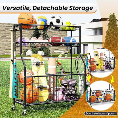 TOOLF Garage Sports Equipment Organizer with Ball Rack & Basket, Heavy Duty Workout Storage Cart for Gym Equipment, Outdoor Toy Organizers, Black
