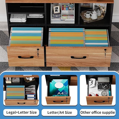 2 Drawer Wood Mobile Large Lateral File Cabinet, Lockable Rolling Filing Cabinet with Storage Shelves, Printer Stand Office Storage Cabinet for Home Office Fits Files Legal/A4, Rustic Brwon