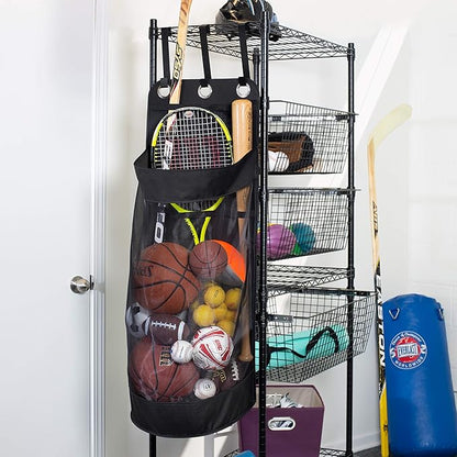 Hanging Sports Equipment Organizer with Hooks, Black Mesh, 16 in W x 43 in H x 12 in D