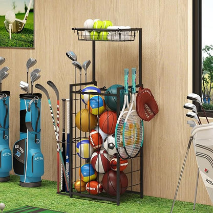 Sports Equipment Organizer, Small Garage Ball Storage Rack with Elastic Straps and 3 Hooks, Garage Organization Storage Rack for Balls and Sports Equipment, Toy Organizer Stand for Room, Gym, Black