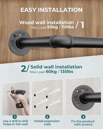 OROPY Industrial Pipe Clothes Rack 21.2” Set of 2, Heavy Duty Wall Mounted Black Iron Garment Bar, Multi-Purpose Clothing Hanging Rod for Laundry Room and Closet Storage